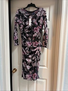 Women's Floral Ruched Midi Dress - Black & Pink